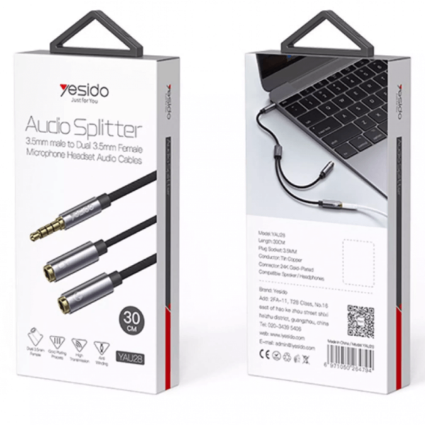 Yesido YAU28 Audio Splitter - Male to Dual 3.5mm Female Microphone Headset Audio Cable